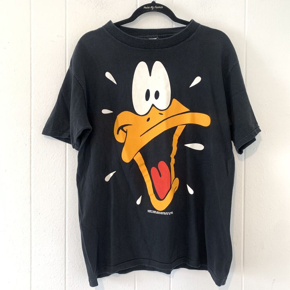 Vtg Looney Tunes Large T Shirt Black Daffy Duck Large Worry Face 1992 USA